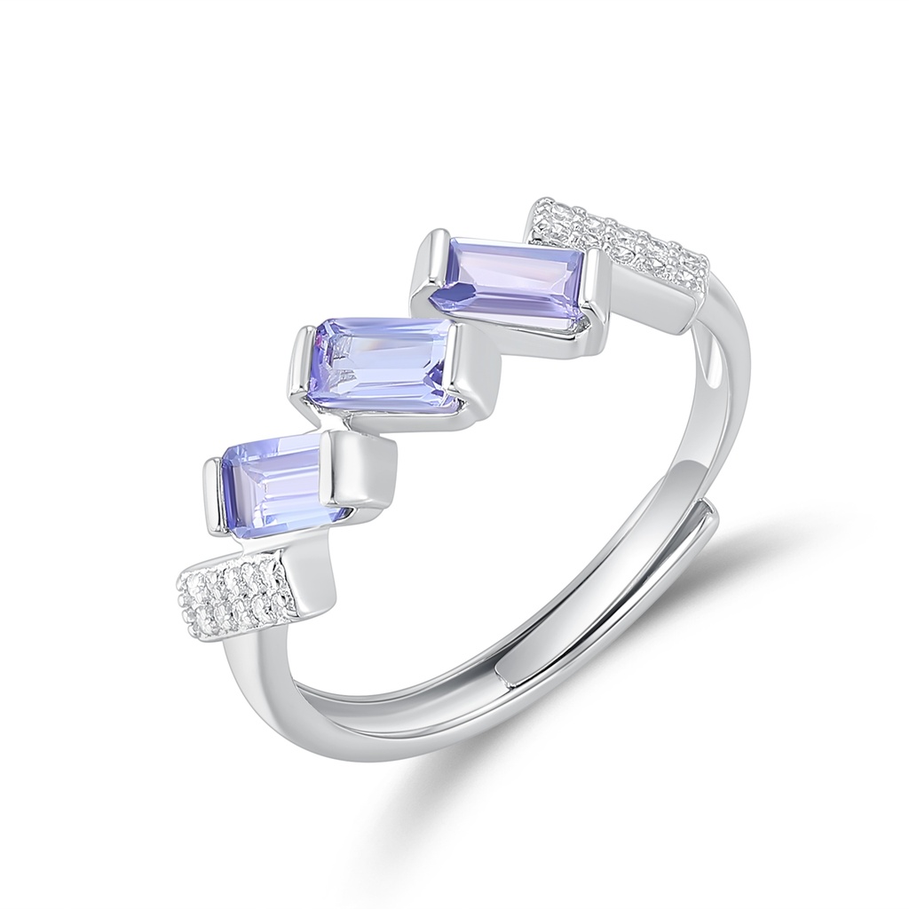 Elegant Silver Ring with Step-Cut Lavender Stones and Sparkle