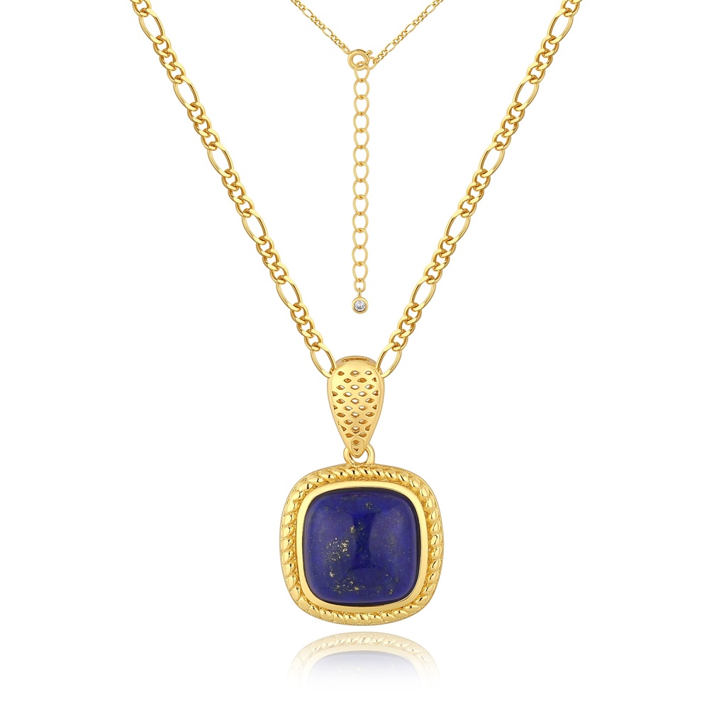Elegant Square Blue Lapis Pendant Necklace in Gold Setting
