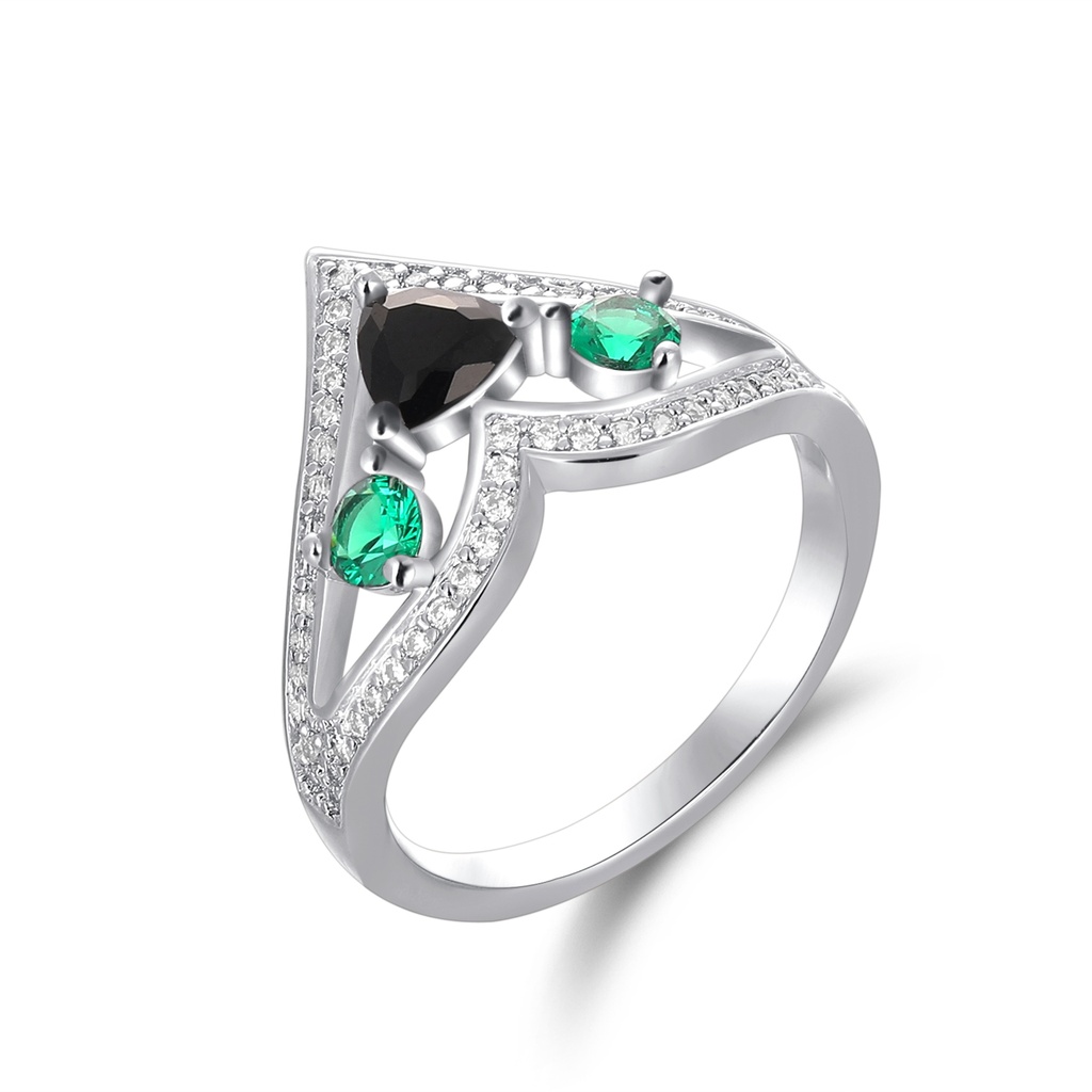 Black Heart and Emerald Spark Brass Ring in V-Shape