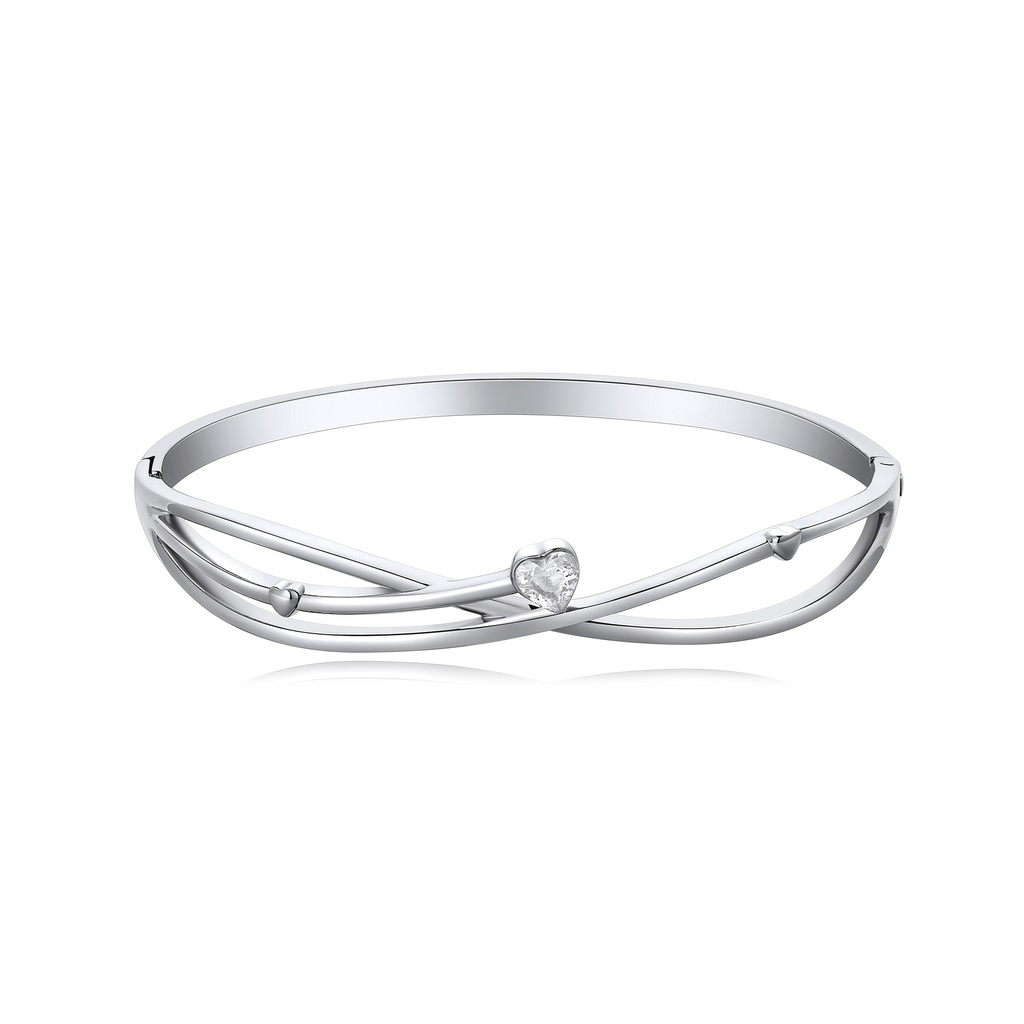 Elegant Stainless Steel Bangle with Heart and Crystal Accents