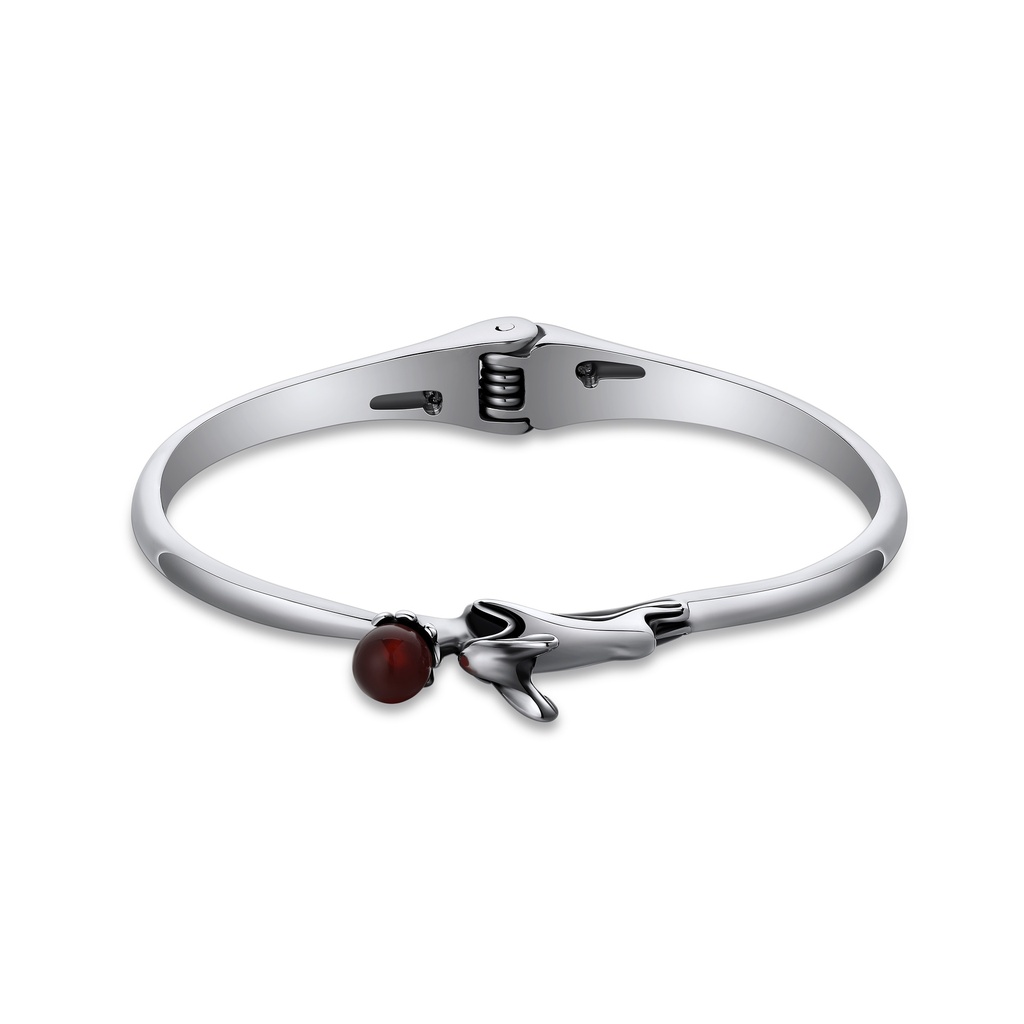 Elegant Stainless Steel Bangle with Red Stone Accent and Unique Clasp
