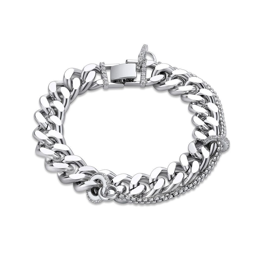 Elegant Stainless Steel Bracelet with Cubic Zirconia & Rolo Chain