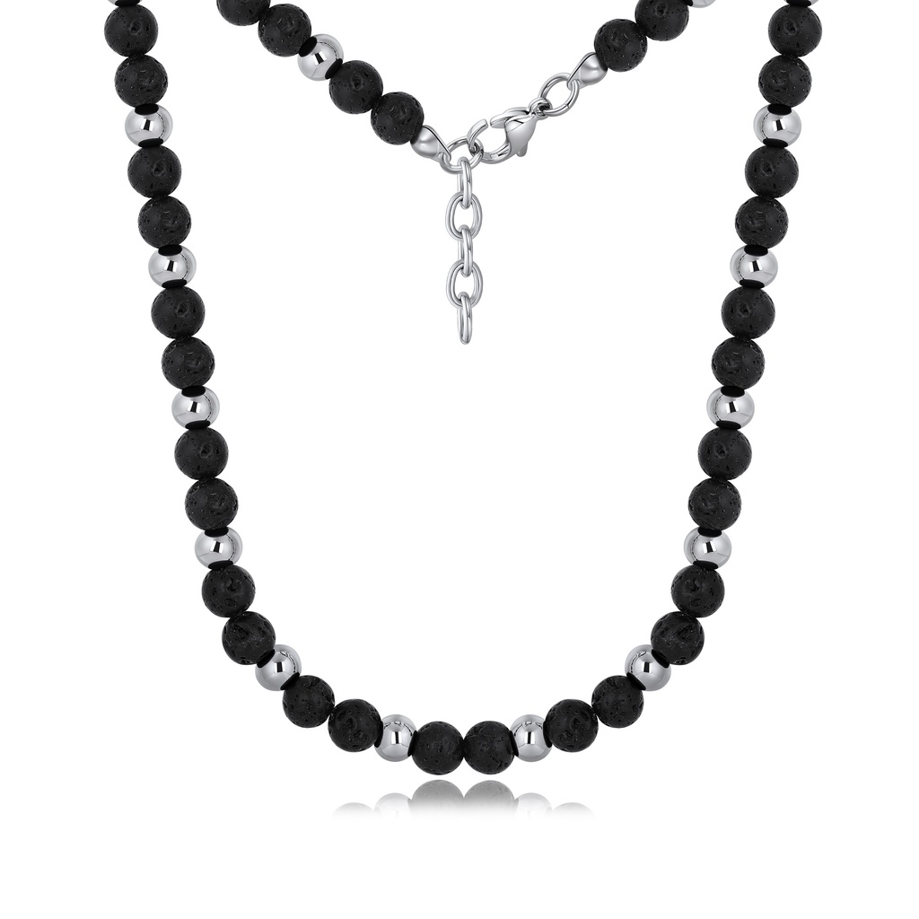 Black Lava Stone Beaded Necklace with Polished Steel Accents