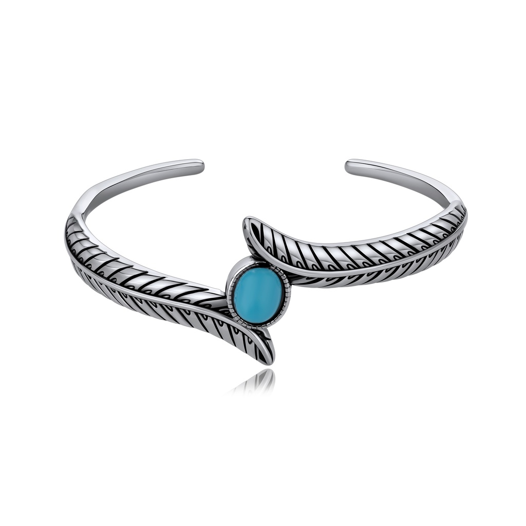 Elegant Stainless Steel Cuff with Feather Detailing and Turquoise Gemstone