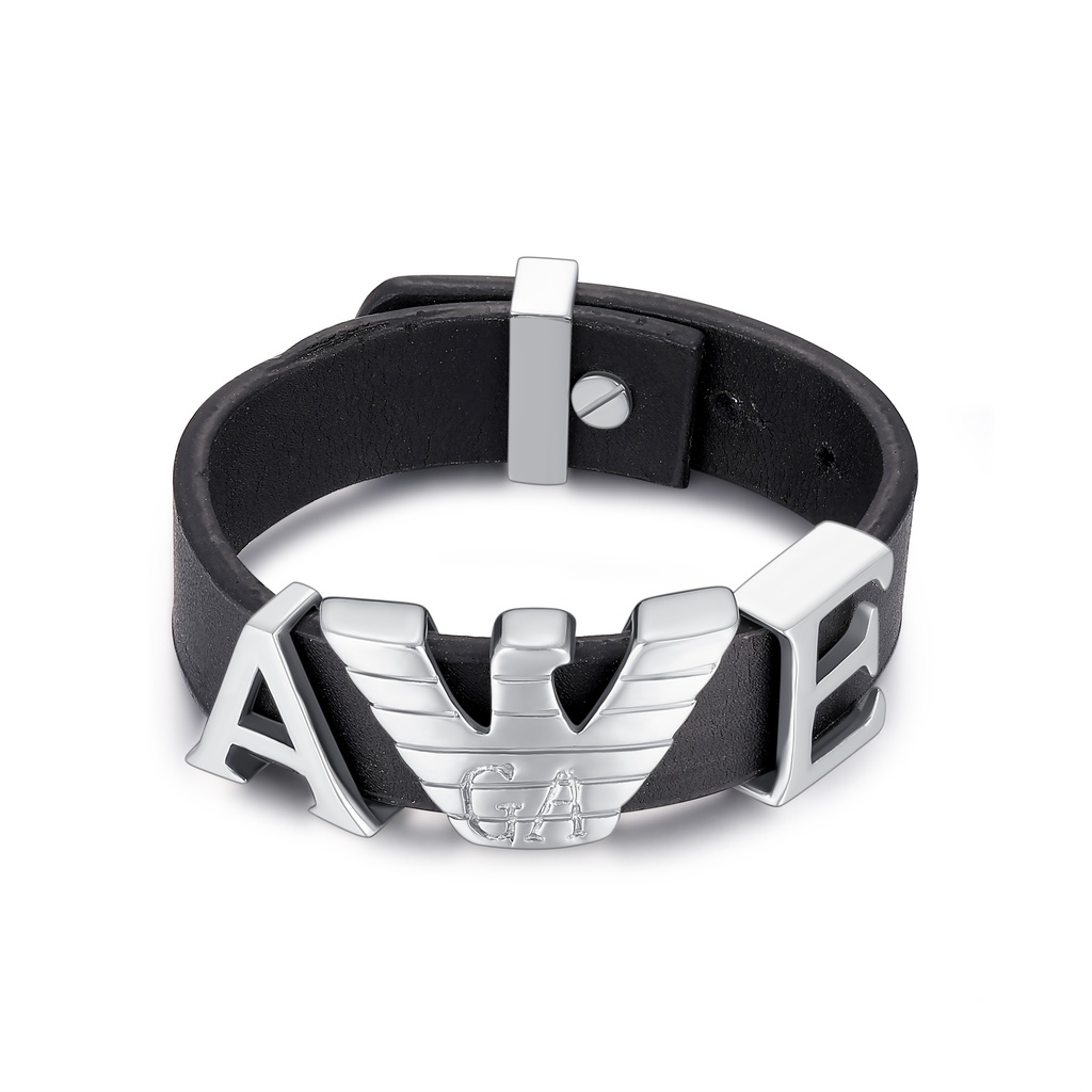 Black Leather Bracelet with AWE Letters and Eagle Emblem