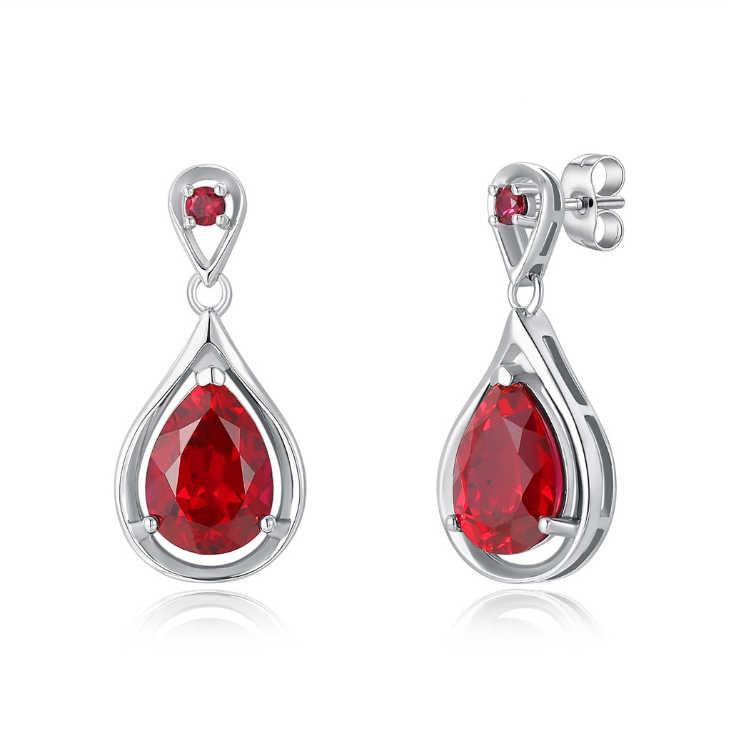 Elegant Stainless Steel Drop Earrings with Red Teardrop Gemstones