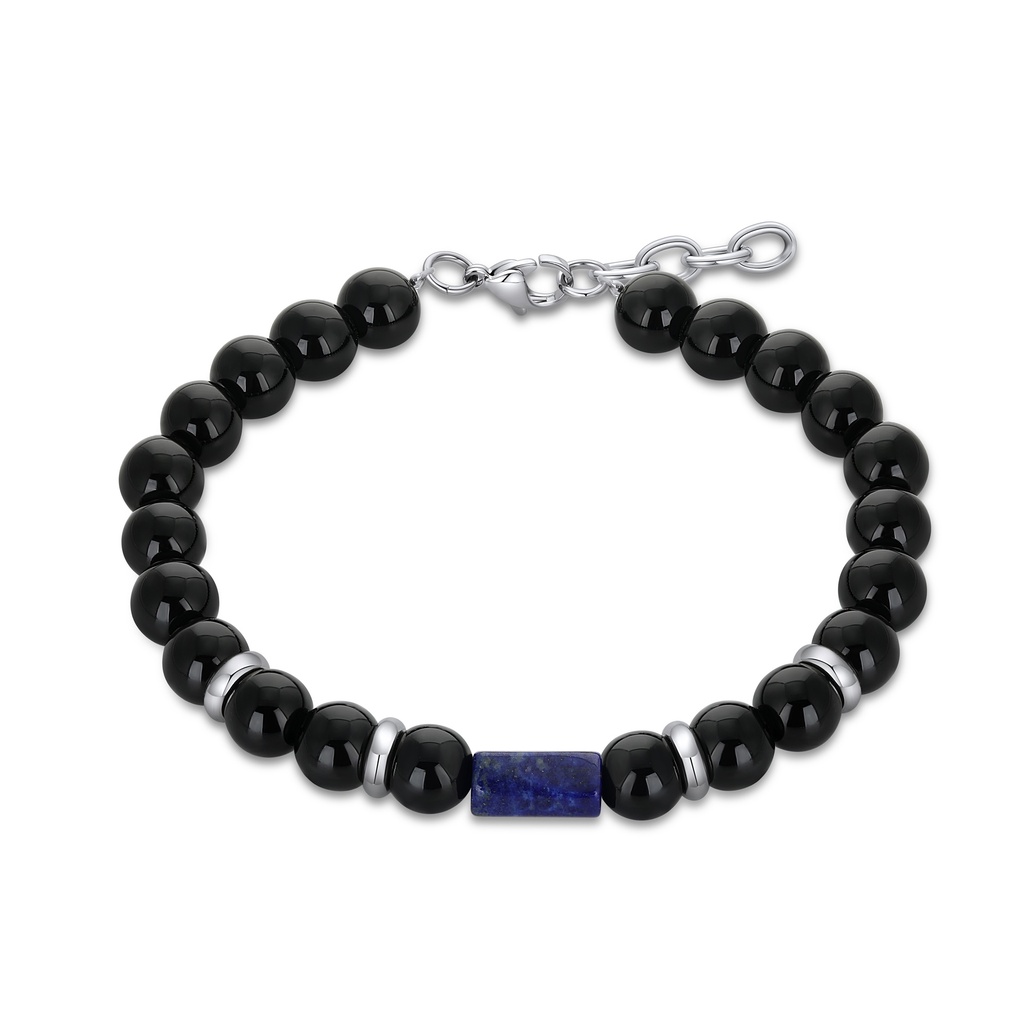 Black Onyx and Lapis Lazuli Beaded Bracelet with Stainless Steel Accents