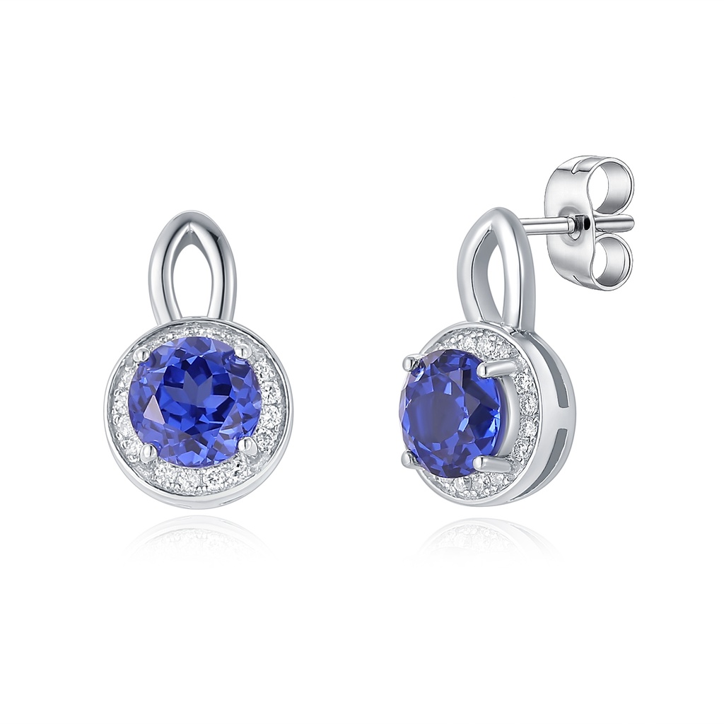 Elegant Stainless Steel Earrings with Sapphire CZ and Pave Diamond Halo