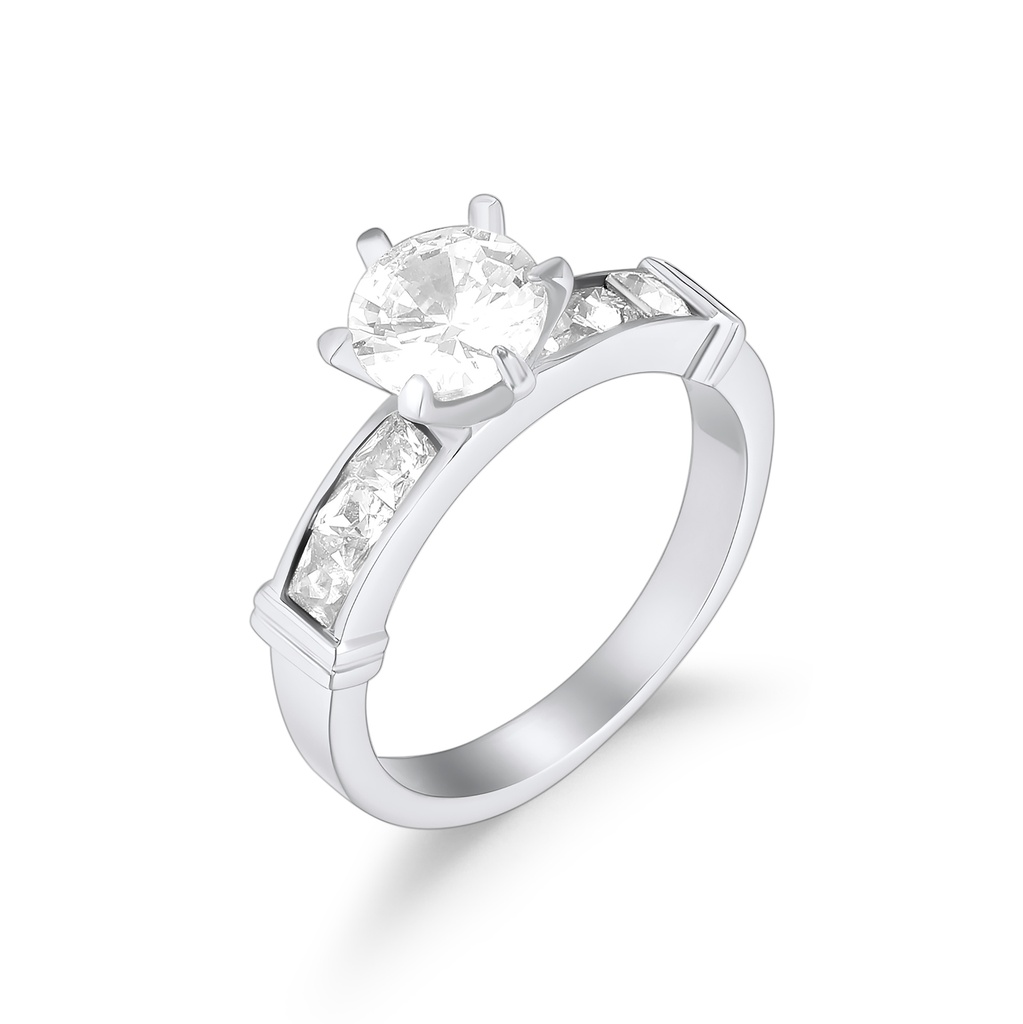 Elegant Stainless Steel Engagement Ring with Brilliant Cut Center Stone