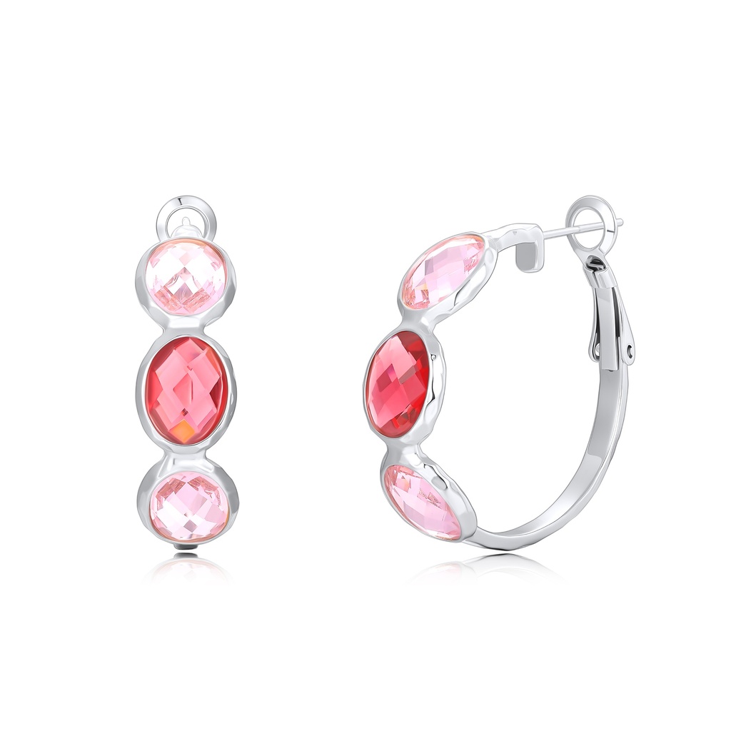 Elegant Stainless Steel Hoop Earrings with Pink and Red Crystals