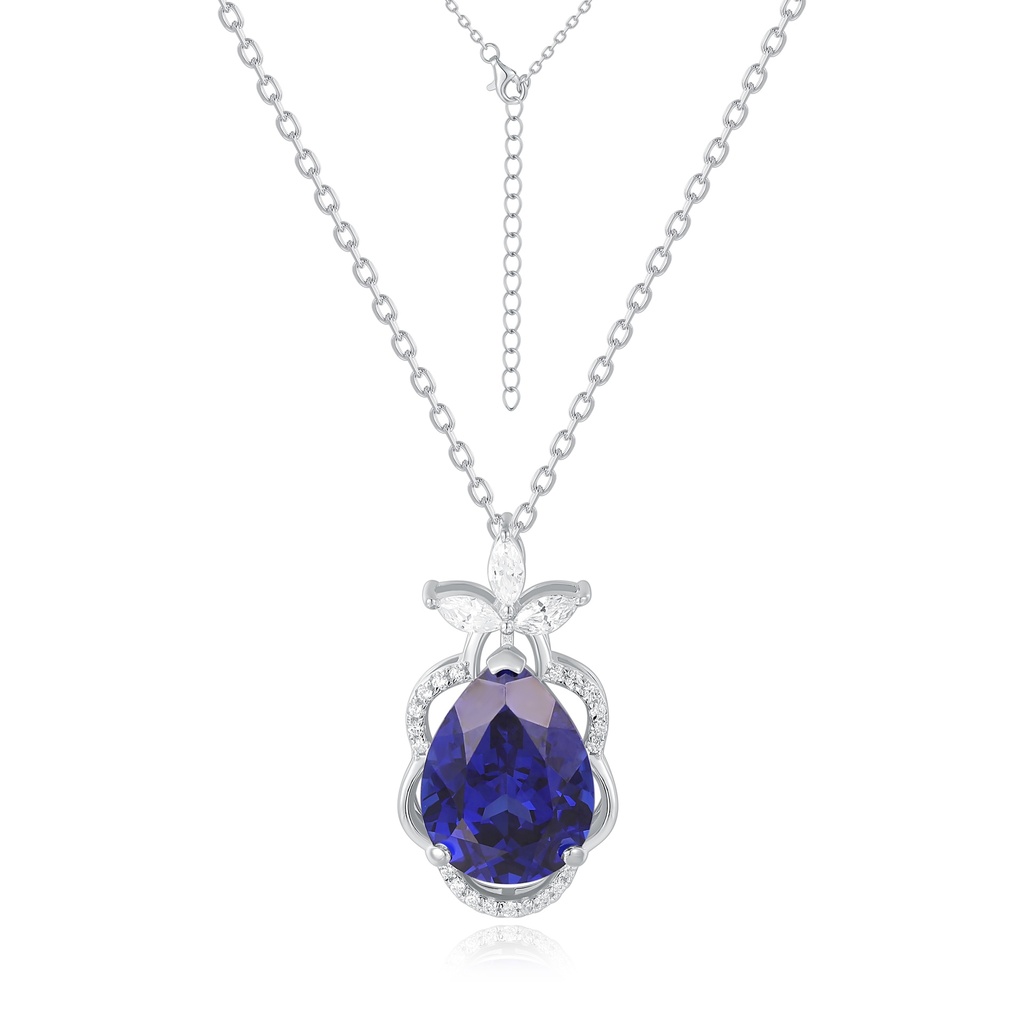 Elegant Stainless Steel Necklace with Blue Gemstone and Crystal Accents
