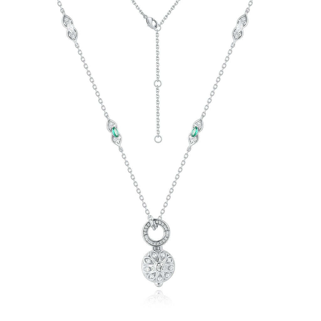 Elegant Stainless Steel Necklace with Green Accents and Floral Pendant