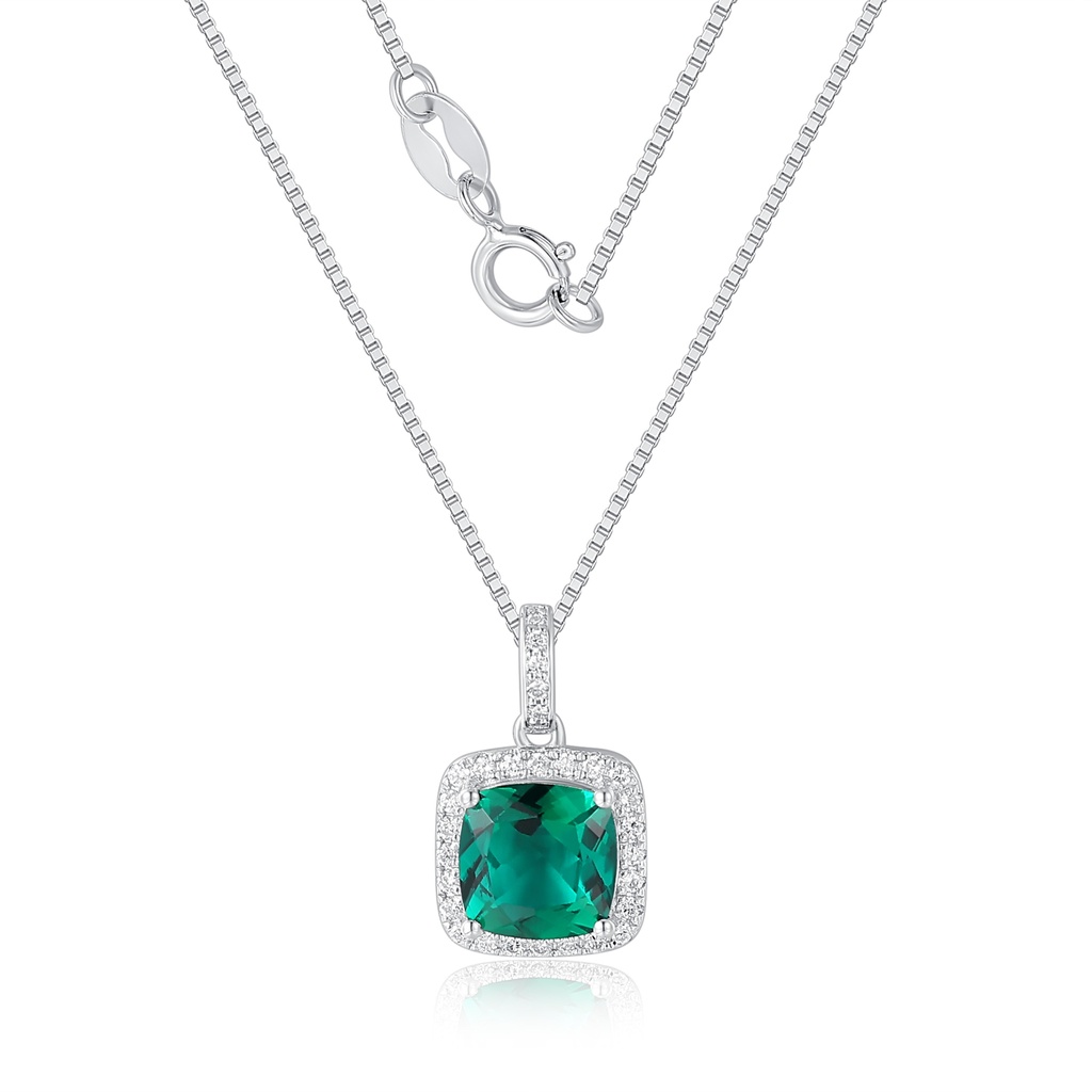Elegant Stainless Steel Necklace with Green Cushion-Cut Crystal Pendant