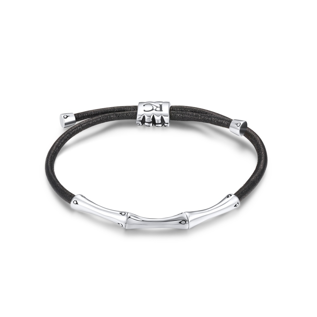 Black Rope Bracelet Featuring Polished Stainless Steel Bamboo Elements