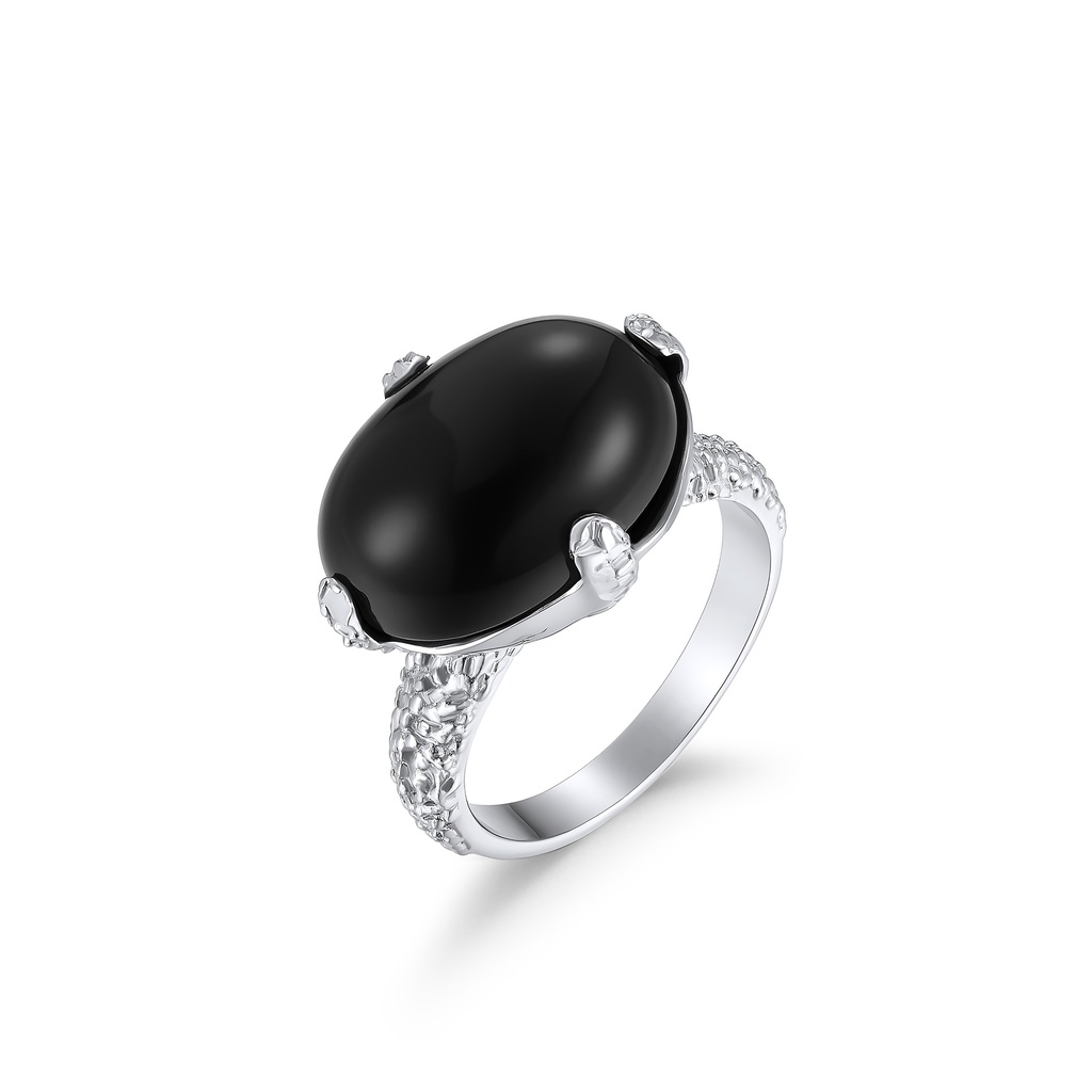 Elegant Stainless Steel Oval Black Cabochon Ring with Textured Band