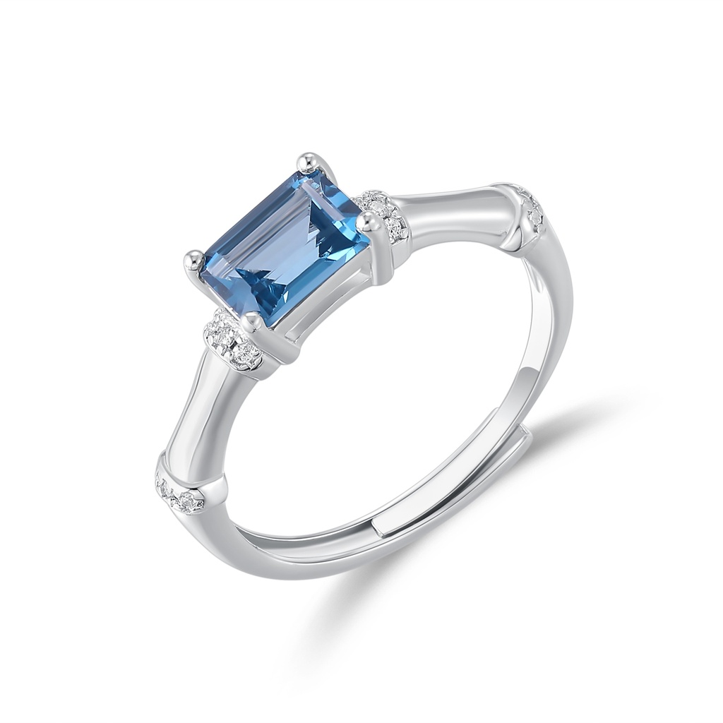 Elegant Stainless Steel Ring with Blue Emerald-Cut Crystal Accent