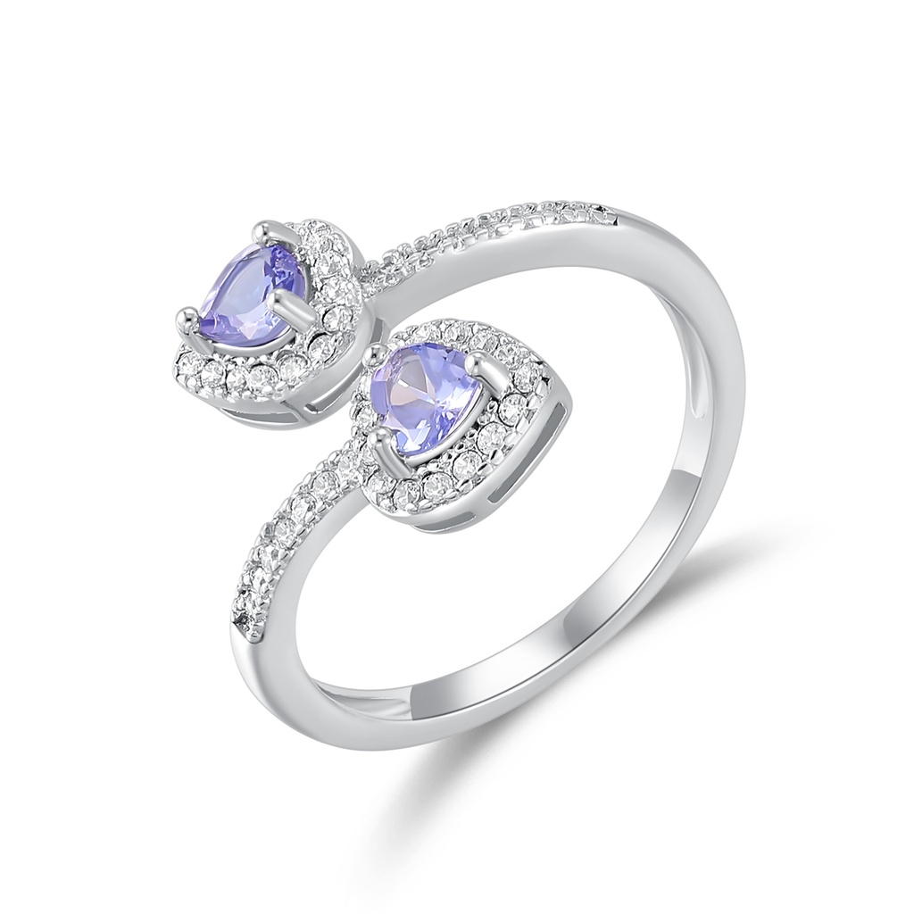 Elegant Stainless Steel Ring with Double Purple Heart Gemstones