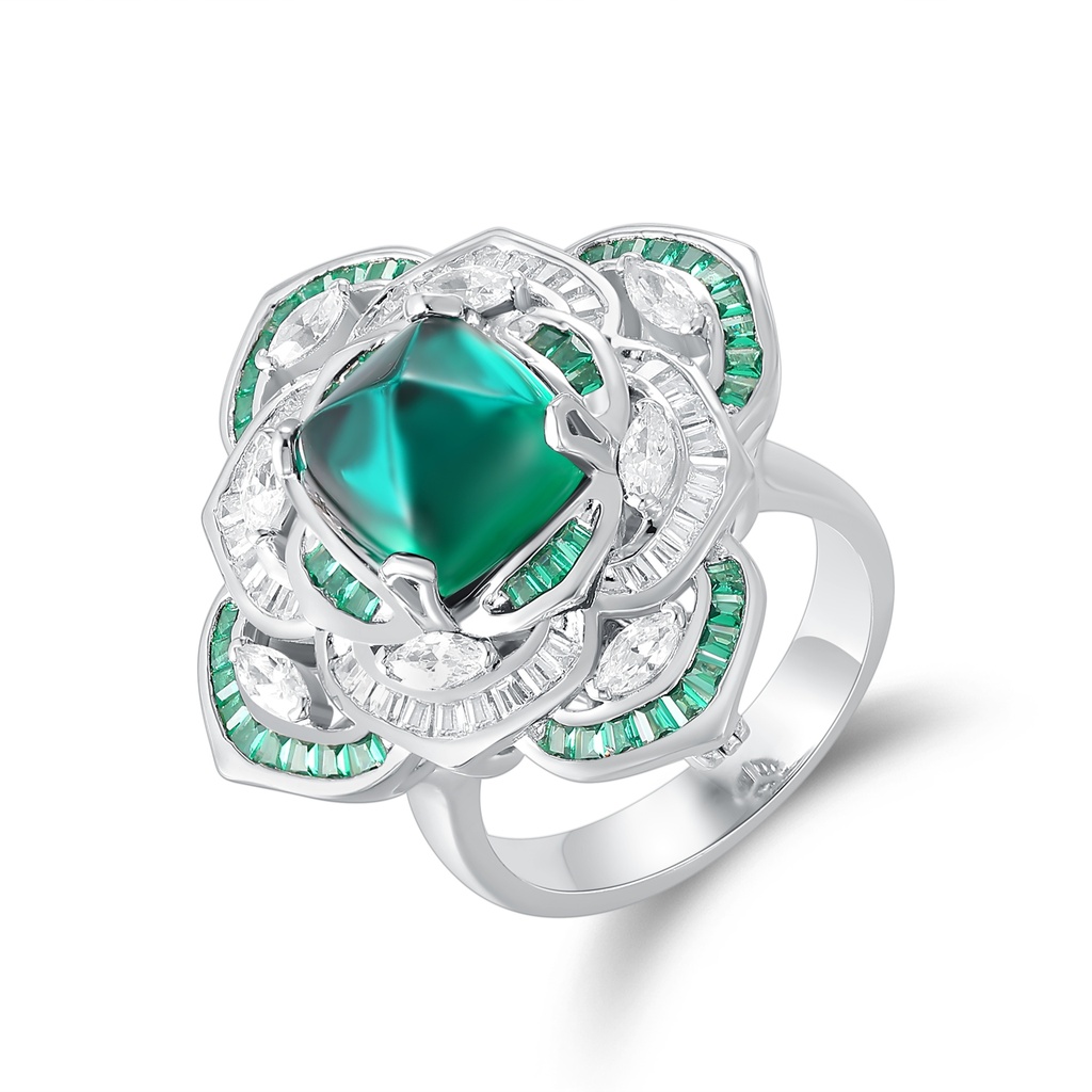 Elegant Stainless Steel Ring with Green Gem and Crystal Accents