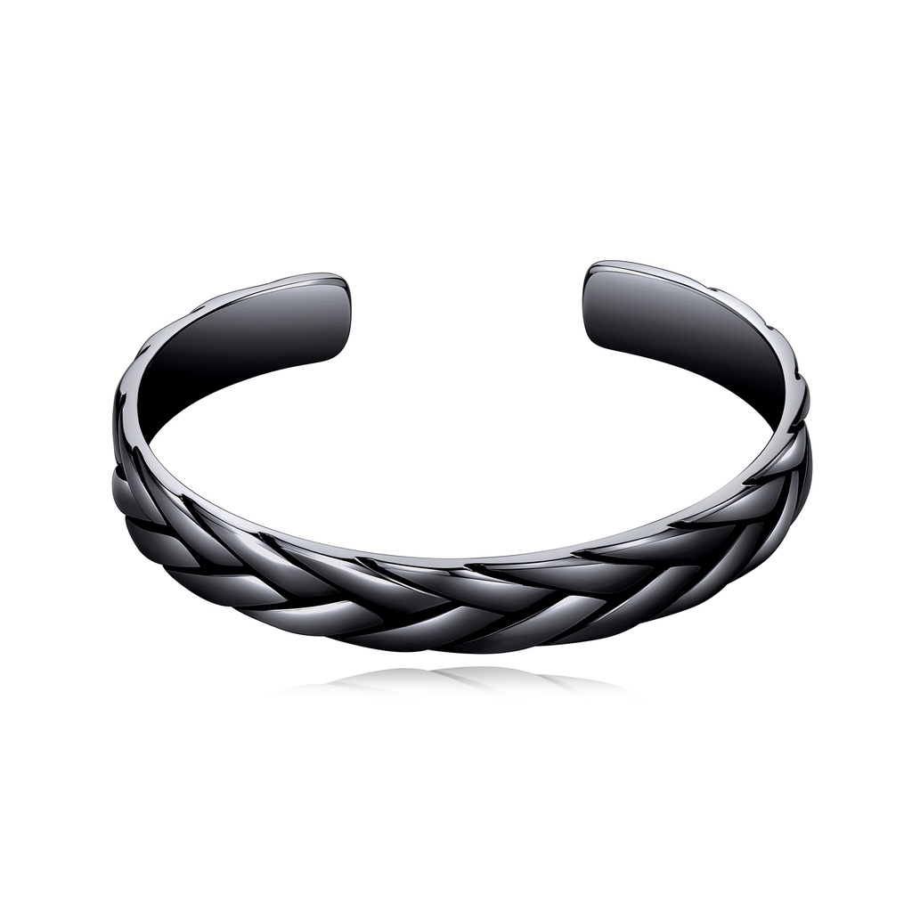 Black Stainless Steel Braided Pattern Open Cuff Bangle Bracelet