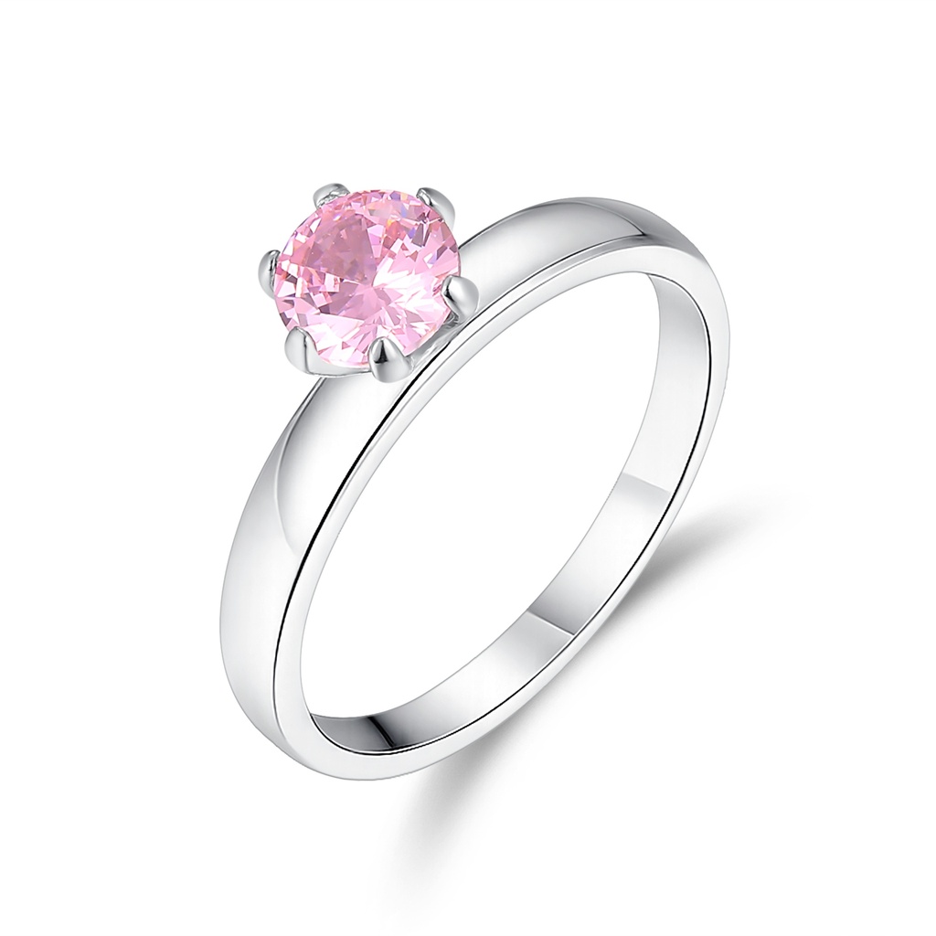 Elegant Stainless Steel Ring with Pink Round Cut Solitaire Stone
