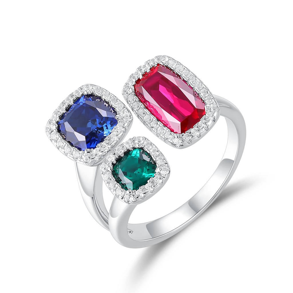 Elegant Stainless Steel Ring with Ruby, Sapphire, and Emerald
