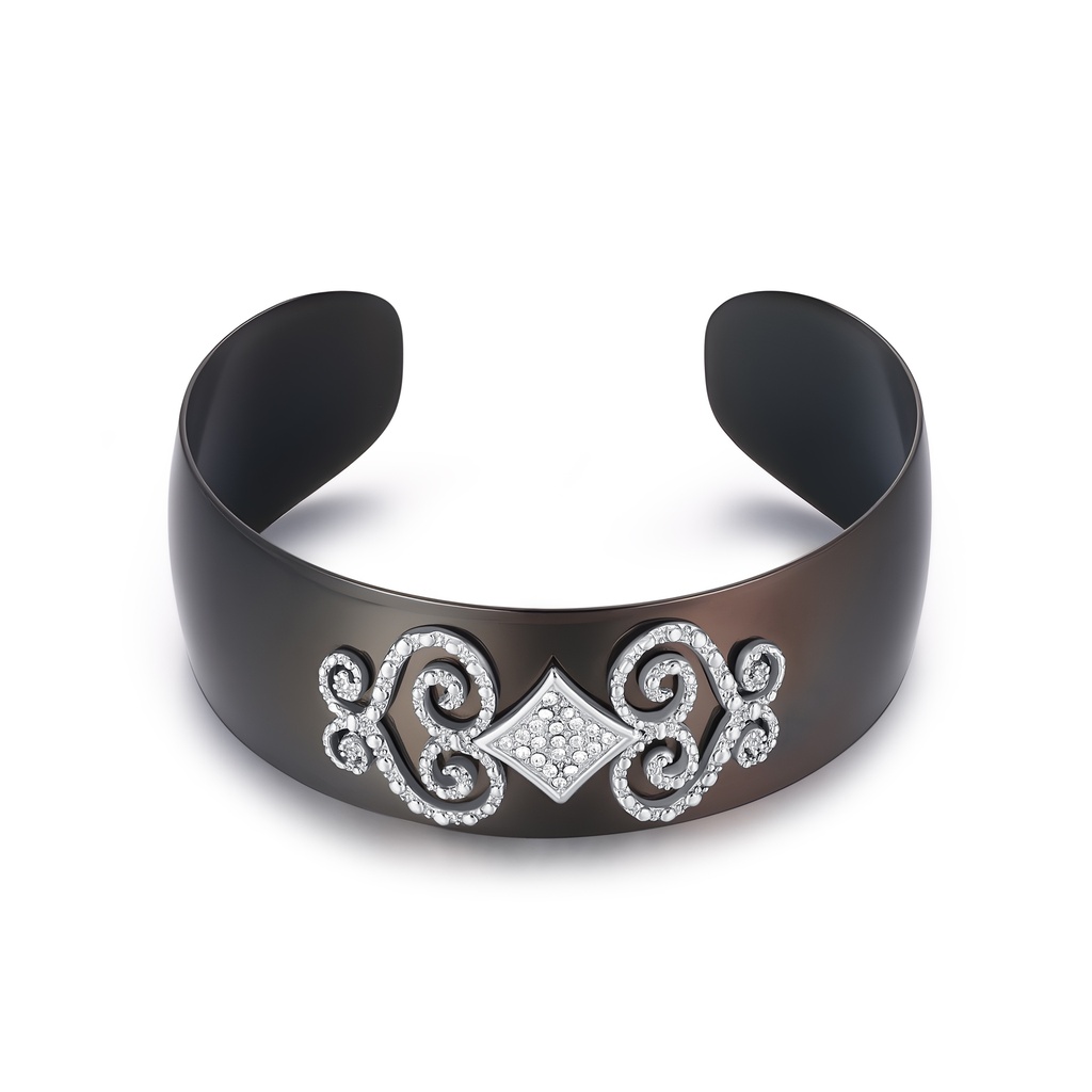 Black Stainless Steel Cuff Bracelet with Diamond Pattern Inlay
