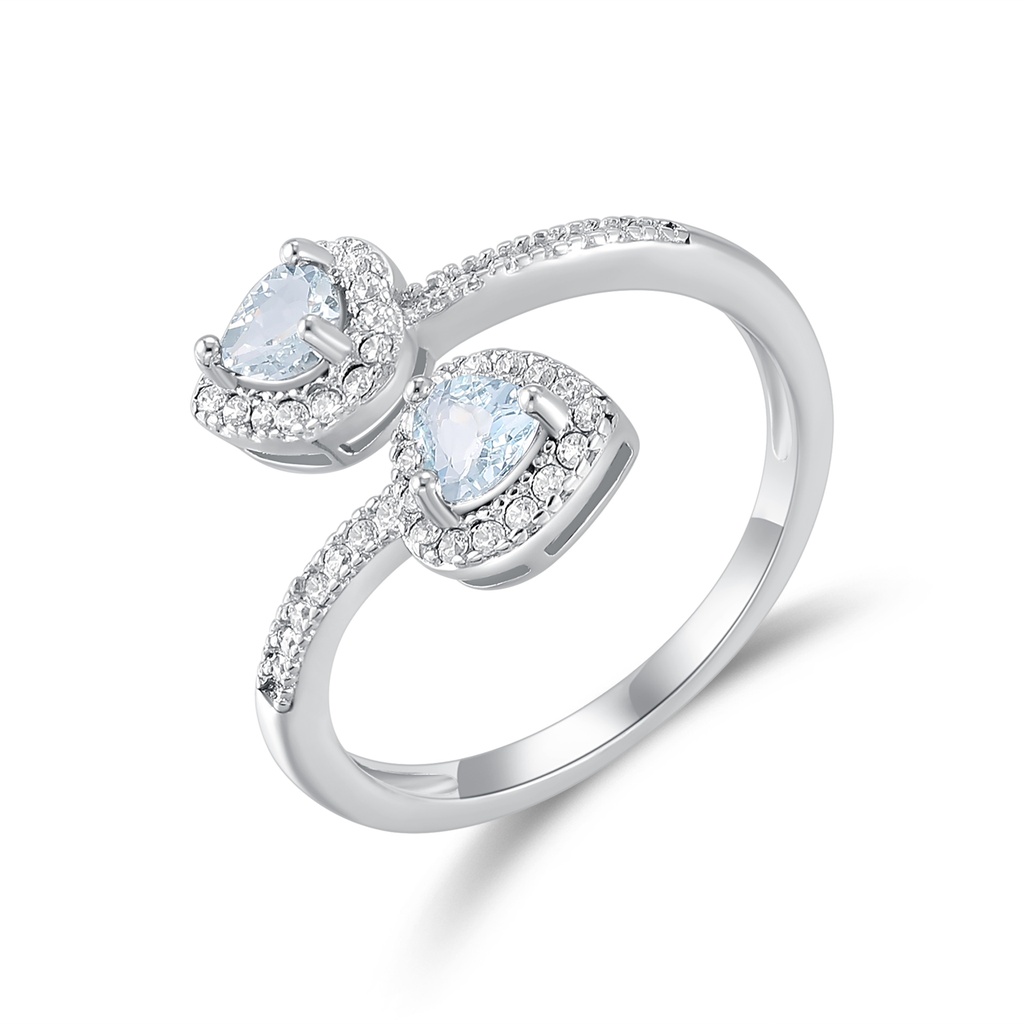 Elegant Stainless Steel Ring with Twin Heart-Shaped Blue Zirconia