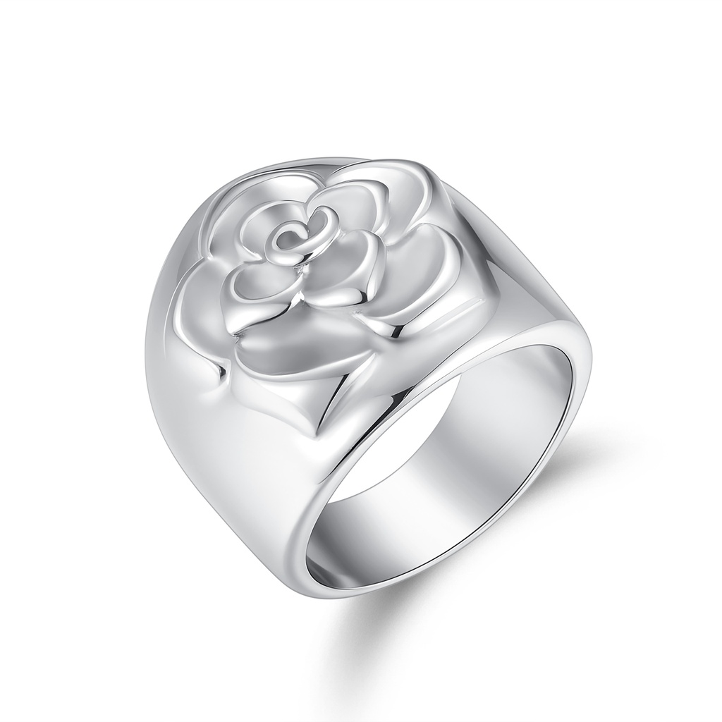 Elegant Stainless Steel Rose Ring with Polished Floral Design