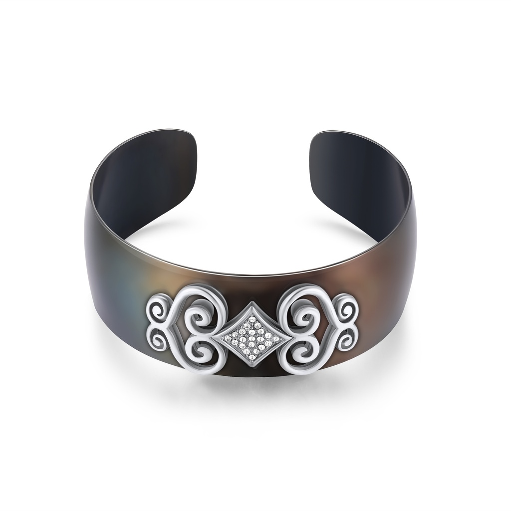 Black Stainless Steel Cuff with Vintage Filigree and Crystals