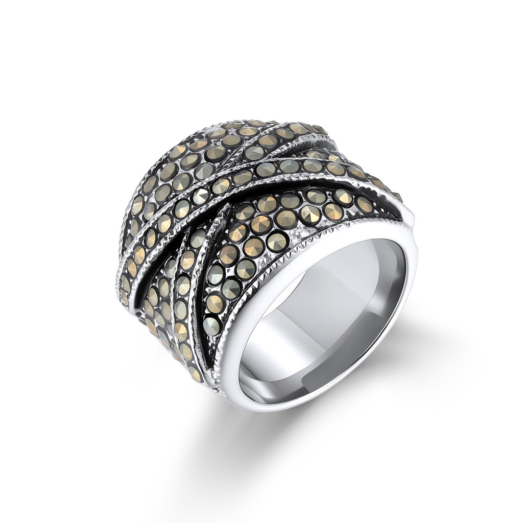 Elegant Stainless Steel Wide Band Ring with Sparkling Crystal Accents