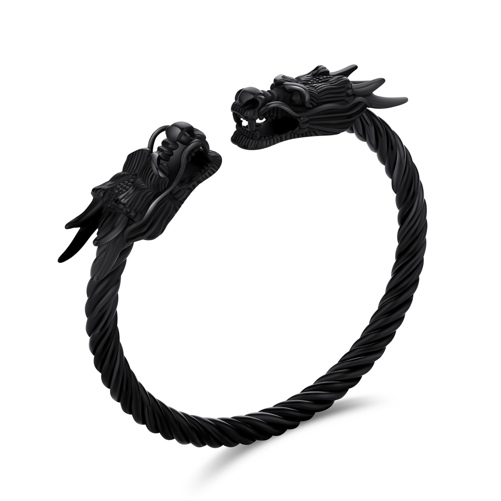 Black Stainless Steel Dragon Head Cuff Bracelet with Twisted Rope Design