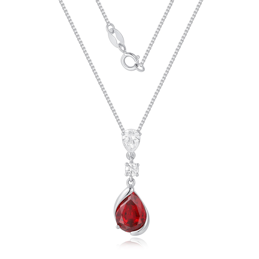 Elegant Teardrop Red Gem Pendant on Stainless Steel Necklace