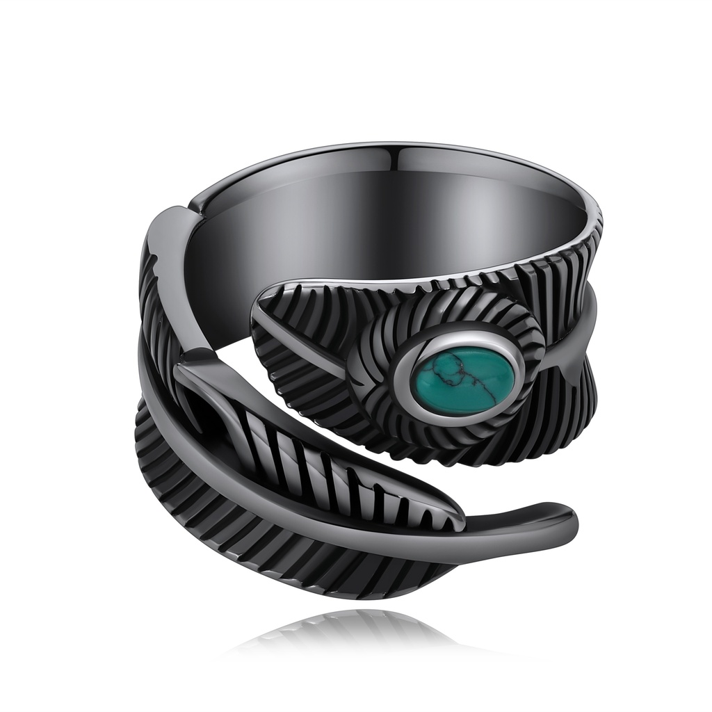 Black Stainless Steel Feather Ring with Turquoise Accent