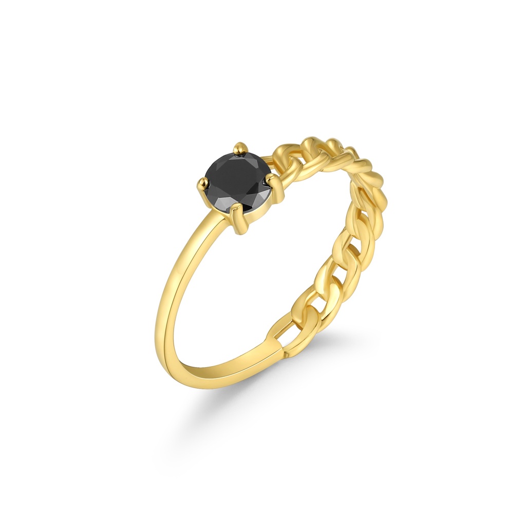 Elegant chain-link ring with black gemstone in polished gold-tone finish.
