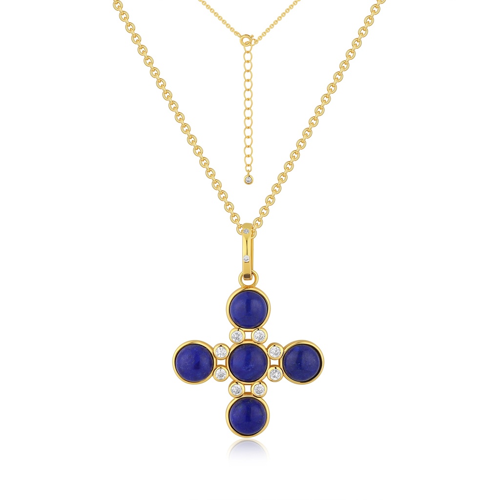 Elegant gold cross necklace with lapis and shimmering crystal accents