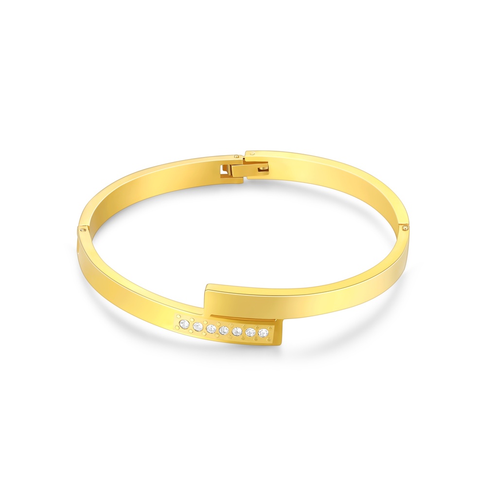 Elegant gold stainless steel bangle with sparkling crystal accent design.