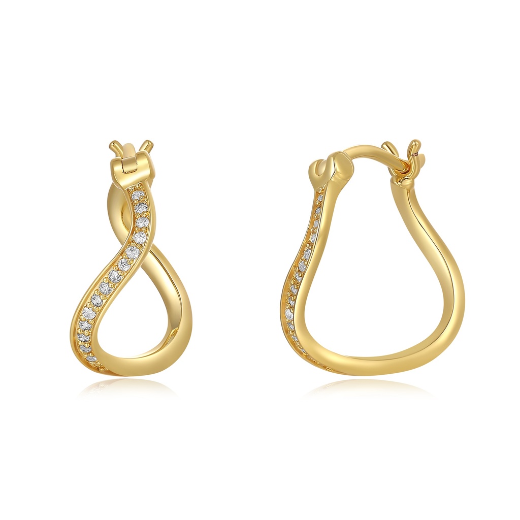 Elegant gold twist hoop earrings lined with shimmering white crystals.