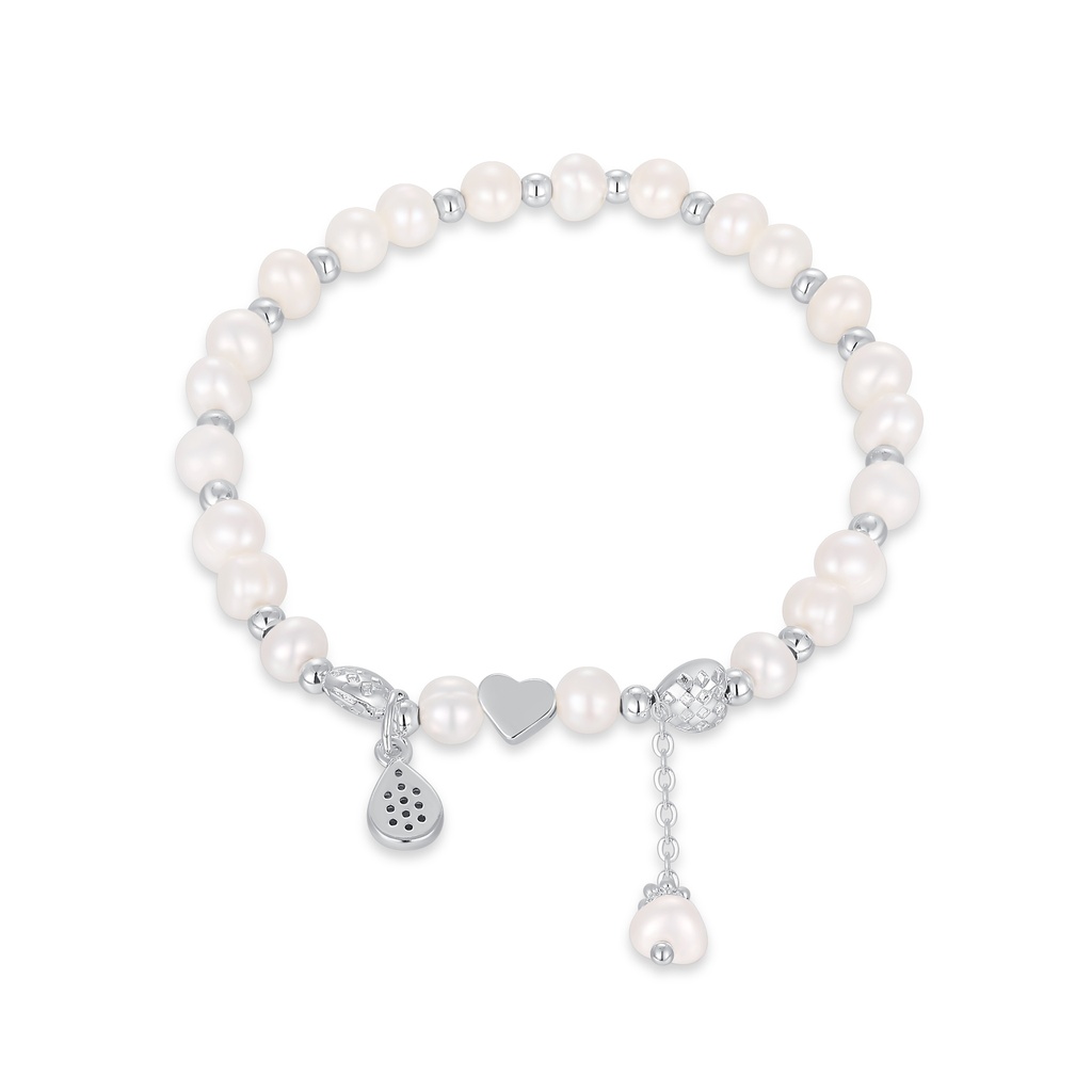Elegant pearl bracelet with silver heart and dangling charm accents