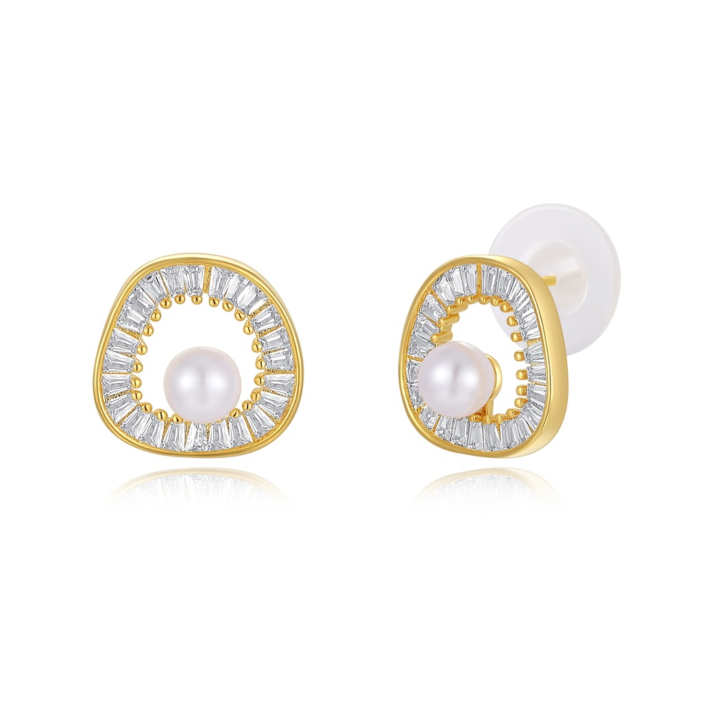 Elegant pearl studs framed by baguette crystals and gold setting