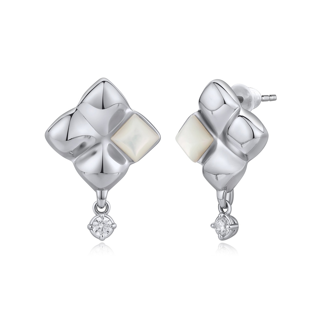 Elegant silver floral earrings with pearl and crystal details.