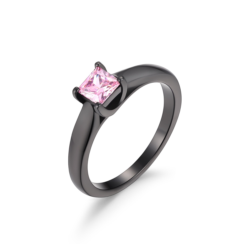 Black Stainless Steel Ring with Pink Princess-Cut Solitaire Stone