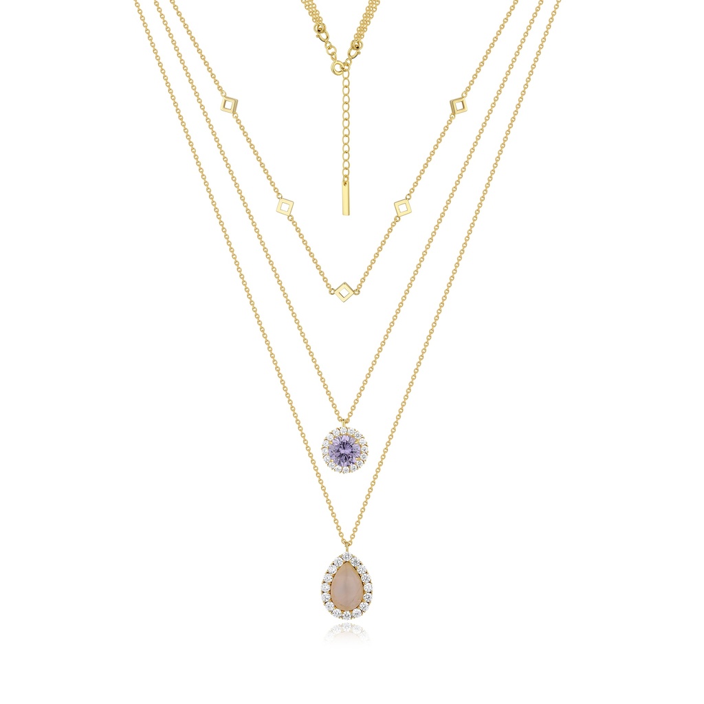 Elegant triple-layered necklace with purple charm and teardrop pendant