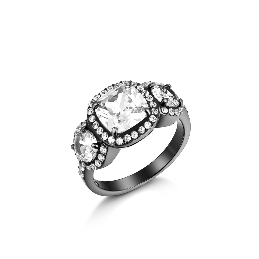 Black Stainless Steel Ring with Triple Halo Sparkling White Stones