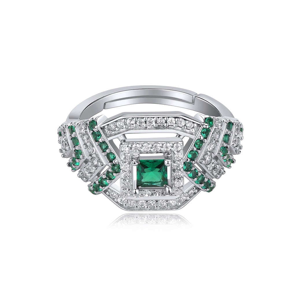 Emerald Square Halo Ring With Art Deco Inspired Lines