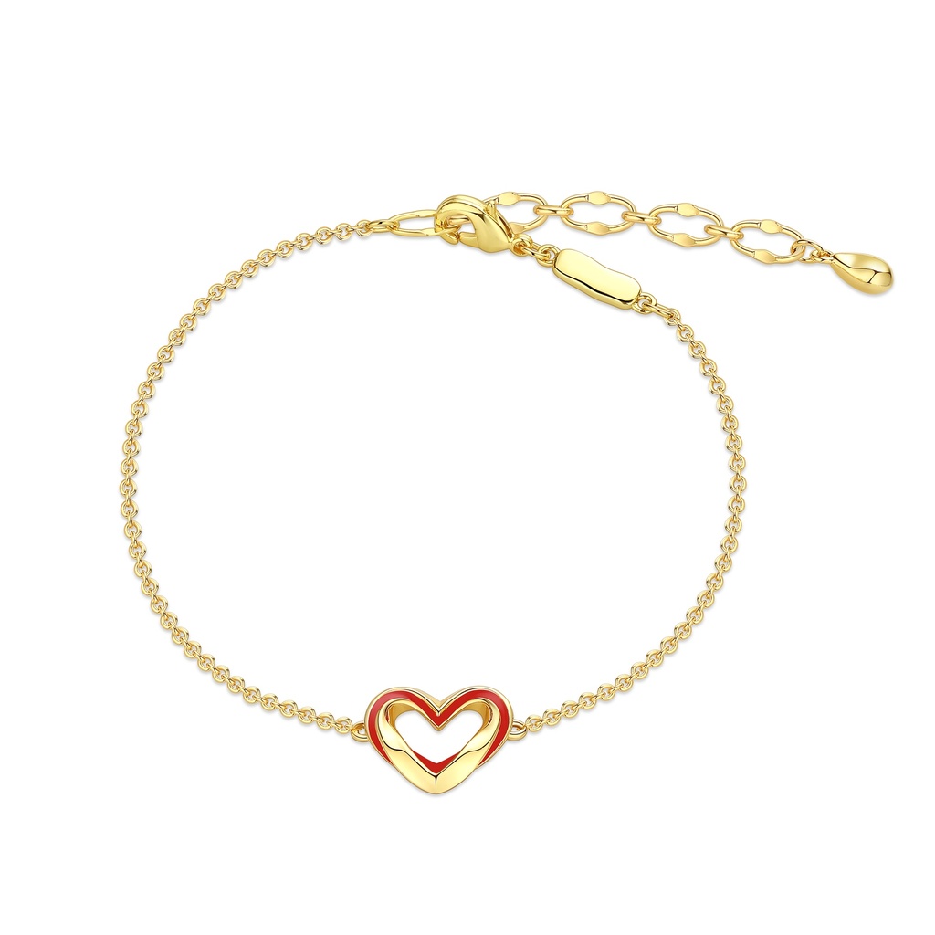 Enamel Red Heart Gold Tone Chain Romantic Brass Bracelet