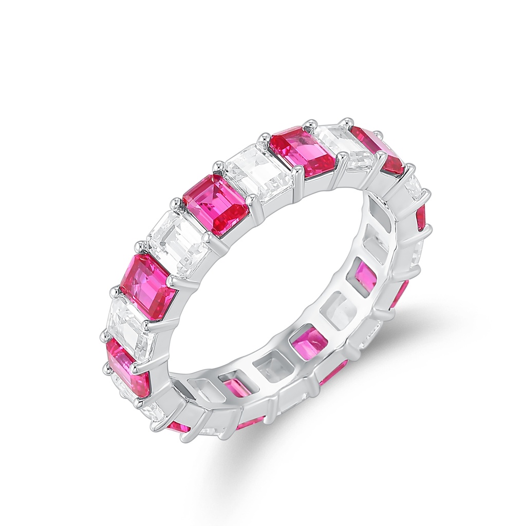 Eternity Band with Alternating Red and White Emerald-Cut Stones