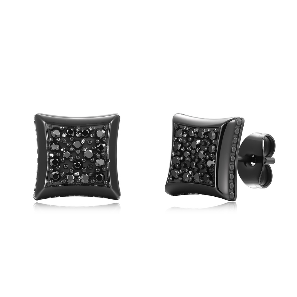 Black Stainless Steel Square Stud Earrings with Sparkling Black Crystals
