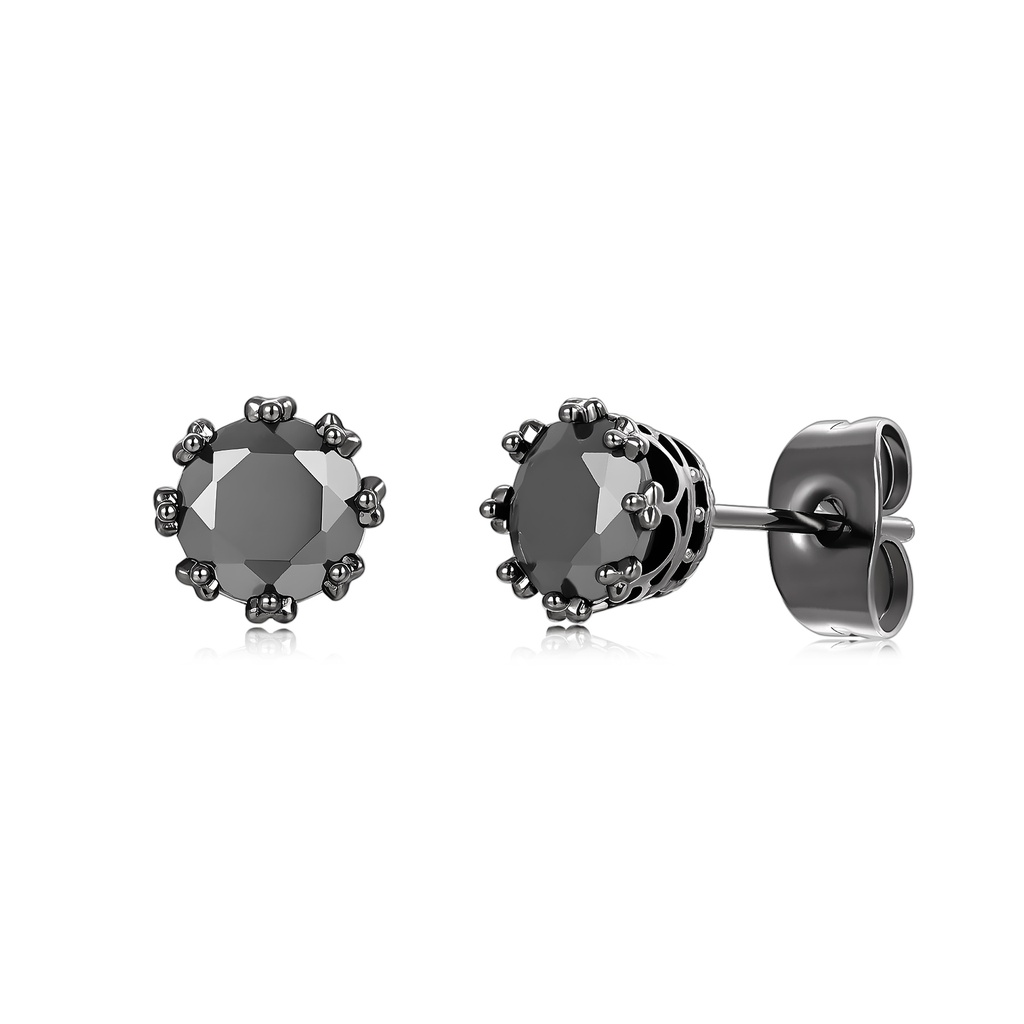 Black Stainless Steel Stud Earrings with Round Black CZ Stone