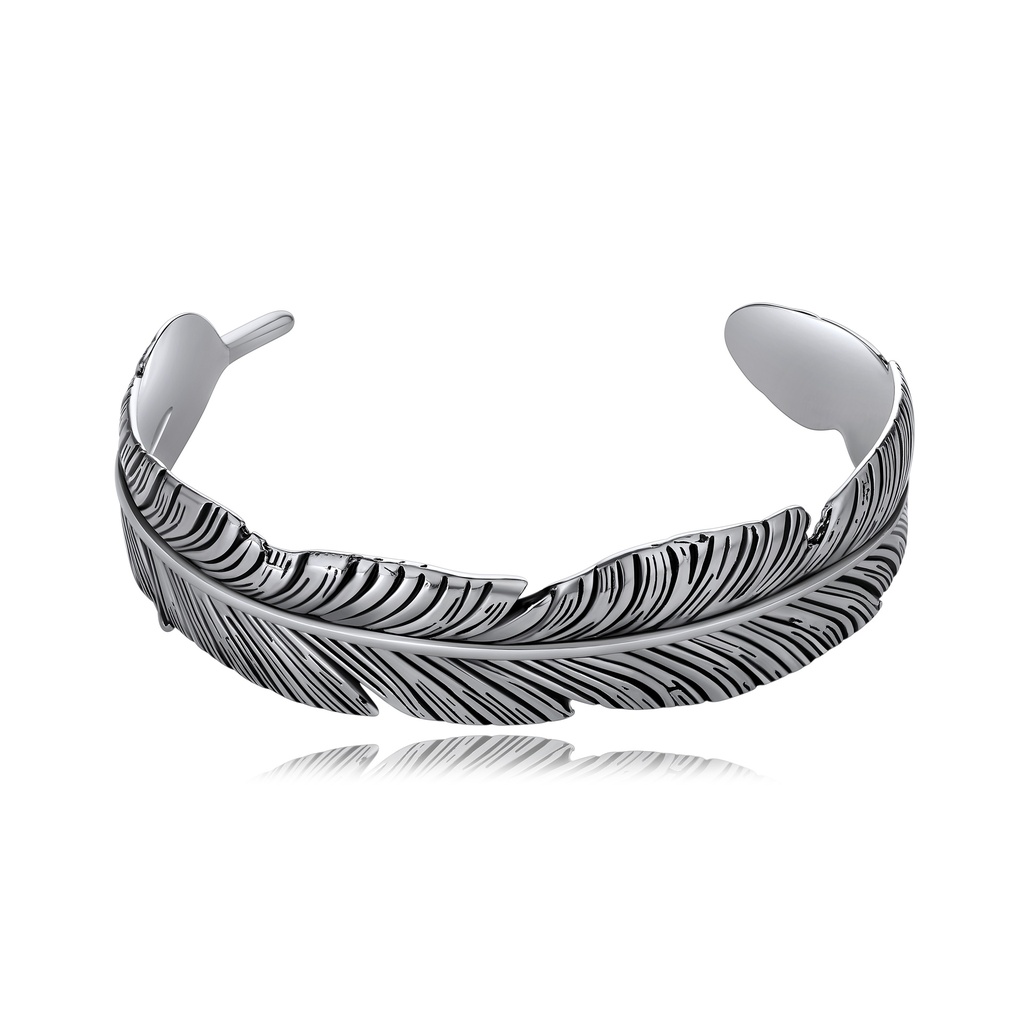 Feather Design Open Cuff Bracelet, Polished Stainless Steel Jewelry