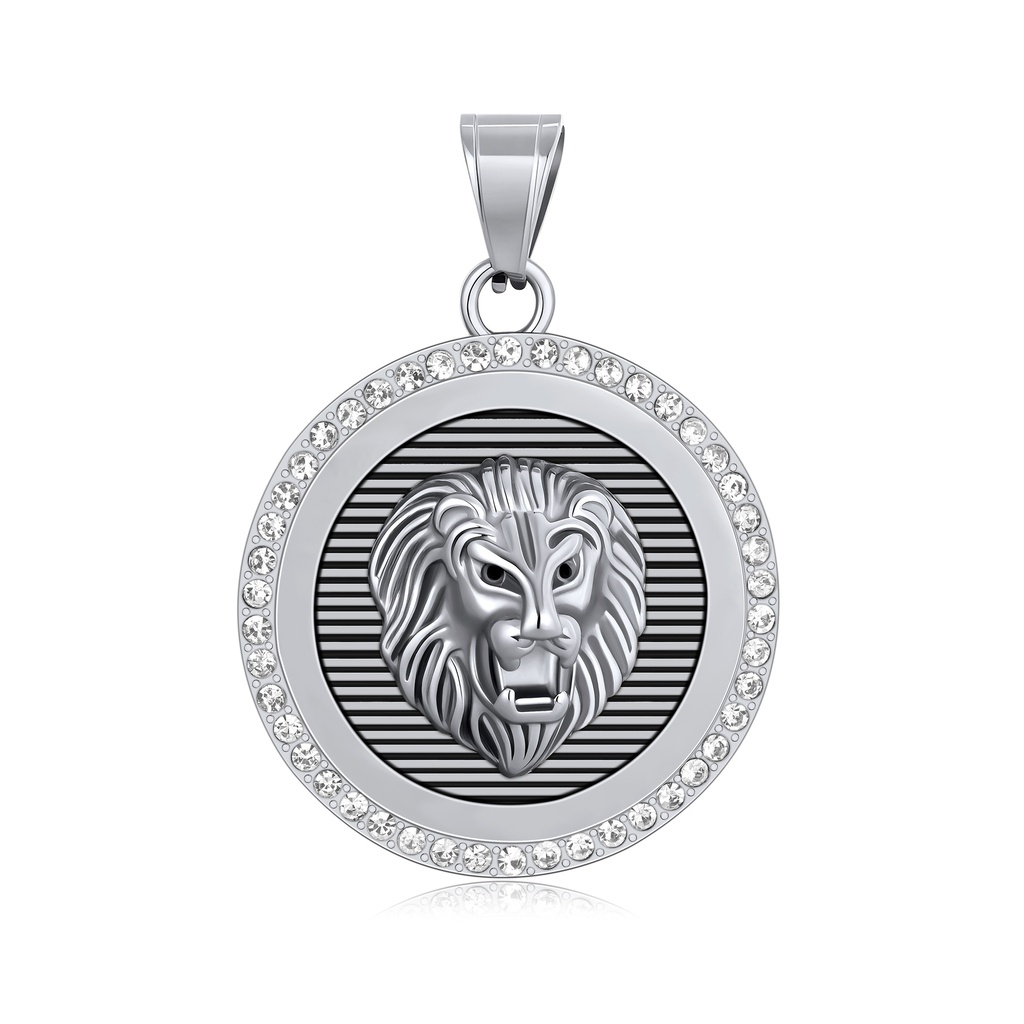 Fierce Lion Head Stainless Steel Pendant with Crystal Accents